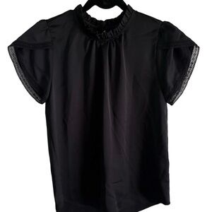 J Crew Black Ruffle Neck Top XS